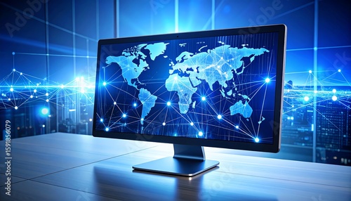 Wallpaper Mural Computer monitor displaying global network map, night cityscape background Torontodigital.ca