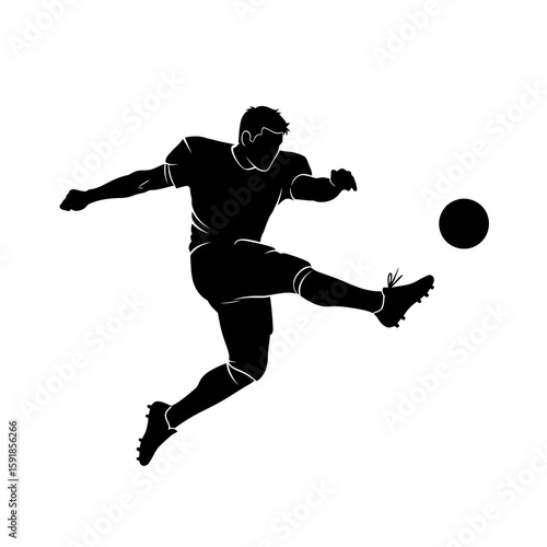 Silhouette of a soccer player in action, kicking a ball in mid-air with dynamic movement and energy.