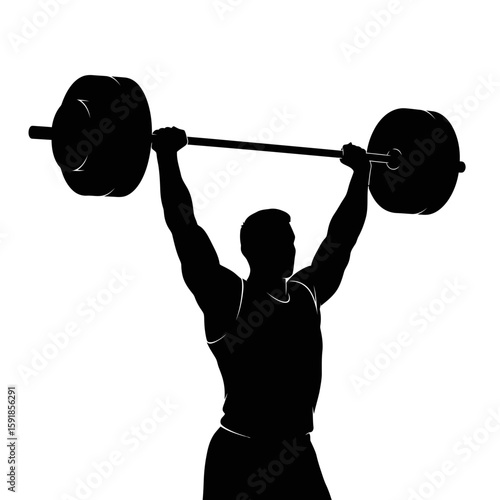 Silhouette of a muscular man lifting a heavy barbell overhead, showcasing strength and fitness.
