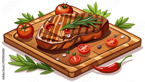 Grilled beef steak on wooden board isolated on white background with tomatoes and rosemary
