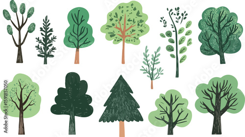 Hand Drawn Forest Trees Seamless Border Illustration on White Background