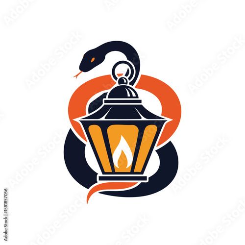 Serpent Lantern Bright Guiding Light. A wise snake entwines a radiant lamp, representing enlightenment, ancient insight, and protection on a mysterious journey.