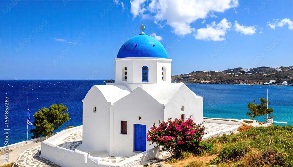 Fototapeta premium White church with blue dome overlooking the sea