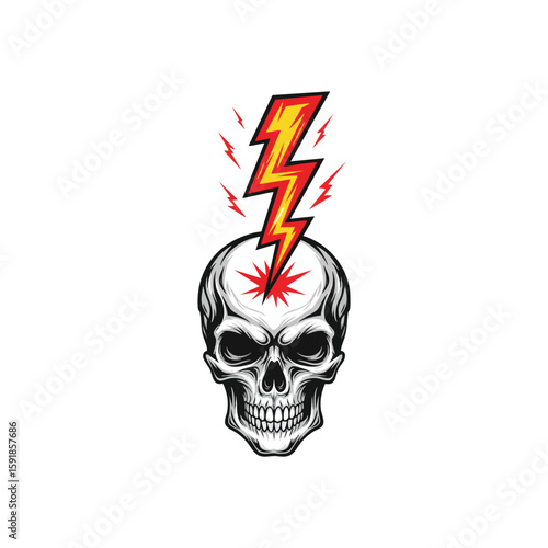 Skull Lightning Idea. A powerful depiction of a human cranium hit by a vibrant flash, representing a breakthrough concept or intense mental energy.