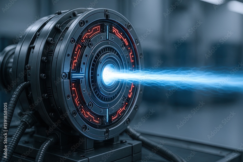 Obraz premium Advanced futuristic energy device with glowing light and high-tech circular design.