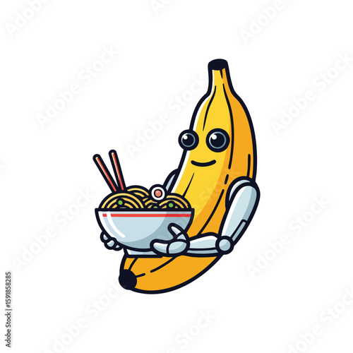 Robotic Banana Enjoying Ramen Noodles. This delightful yellow fruit character with mechanical limbs happily holds a steaming bowl of savory noodle dish. It symbolizes playful innovation and culinary.