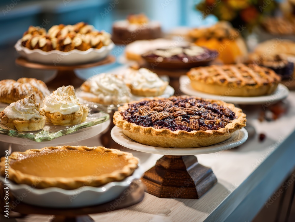 Traditional Thanksgiving dessert spread featuring pies and pastries with rich textures and seasonal flavors, styled for bakery showcases and culinary promotions highlighting festive sweet indulgence. Traditional Thanksgiving dessert spread featuring pies and pastries with rich textures and seasonal flavors, styled for bakery showcases and culinary promotions highlighting festive sweet indulgence.