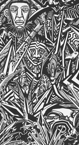 Abstract black drawing, unknown shapes, faces, culture tribe art
