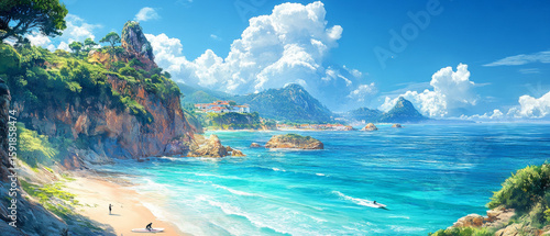 Idyllic beach with turquoise water and rocky hills dotted with greenery. Useful for travel brochures, travel websites and wall art.