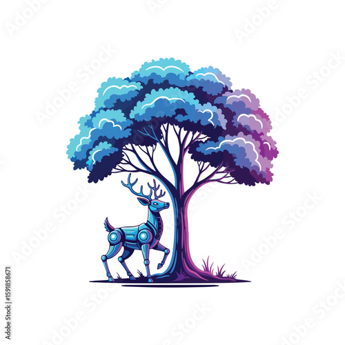 Cybernetic Stag by Radiant Tree. Dynamic artwork featuring a mechanical cervid by a vibrant, glowing arboreal form. This image merges flora with futuristic tech, suggesting a harmonious tomorrow.