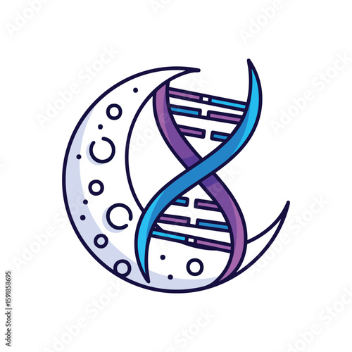 Mystic Genetics Lunar Symbol. A vibrant illustration depicts a celestial body intertwined with life's blueprint. It conveys the profound connection between nature and scientific discovery.