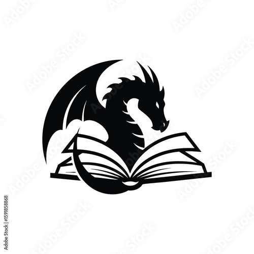 Mythical Dragon on Open Book Symbol. A formidable winged creature perches on an open volume. This bold emblem signifies wisdom, literacy, and the enchanting realm of tales.