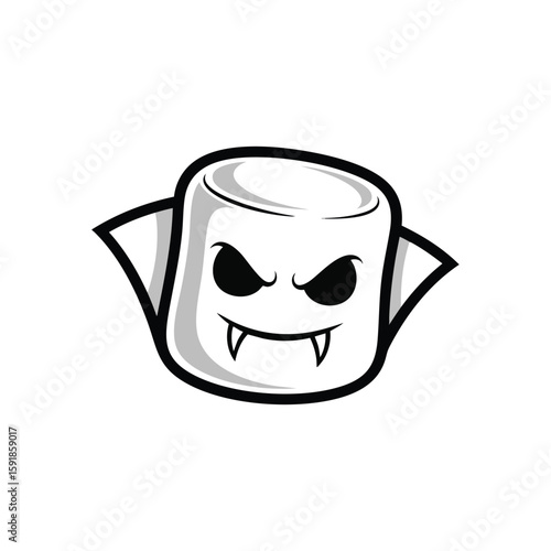 Marshmallow Vampire Halloween Icon. Whimsical drawing of a sweet confectionery transformed into a nocturnal creature with piercing eyes and sharp teeth. Captures a playful yet eerie spirit for.