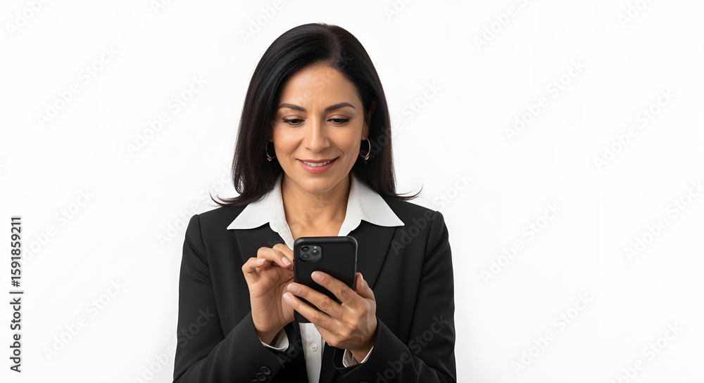 Happy Woman in Black Blazer Typing on Phone Happy Woman in Black Blazer Typing on Phone