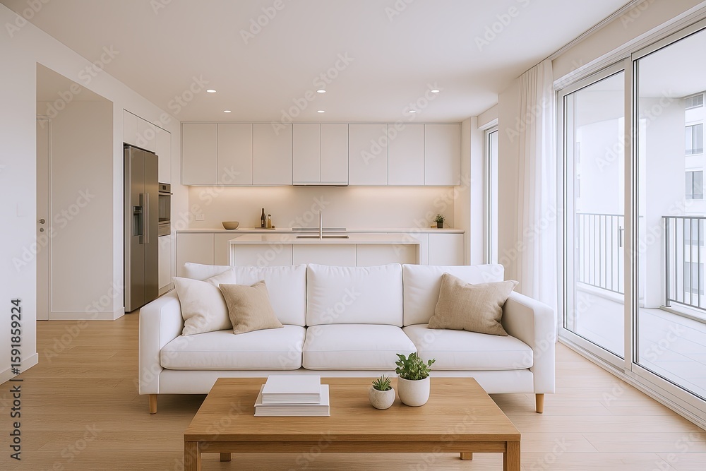 Fototapeta premium Bright modern living room with white sofa large windows balcony natural light minimal style.