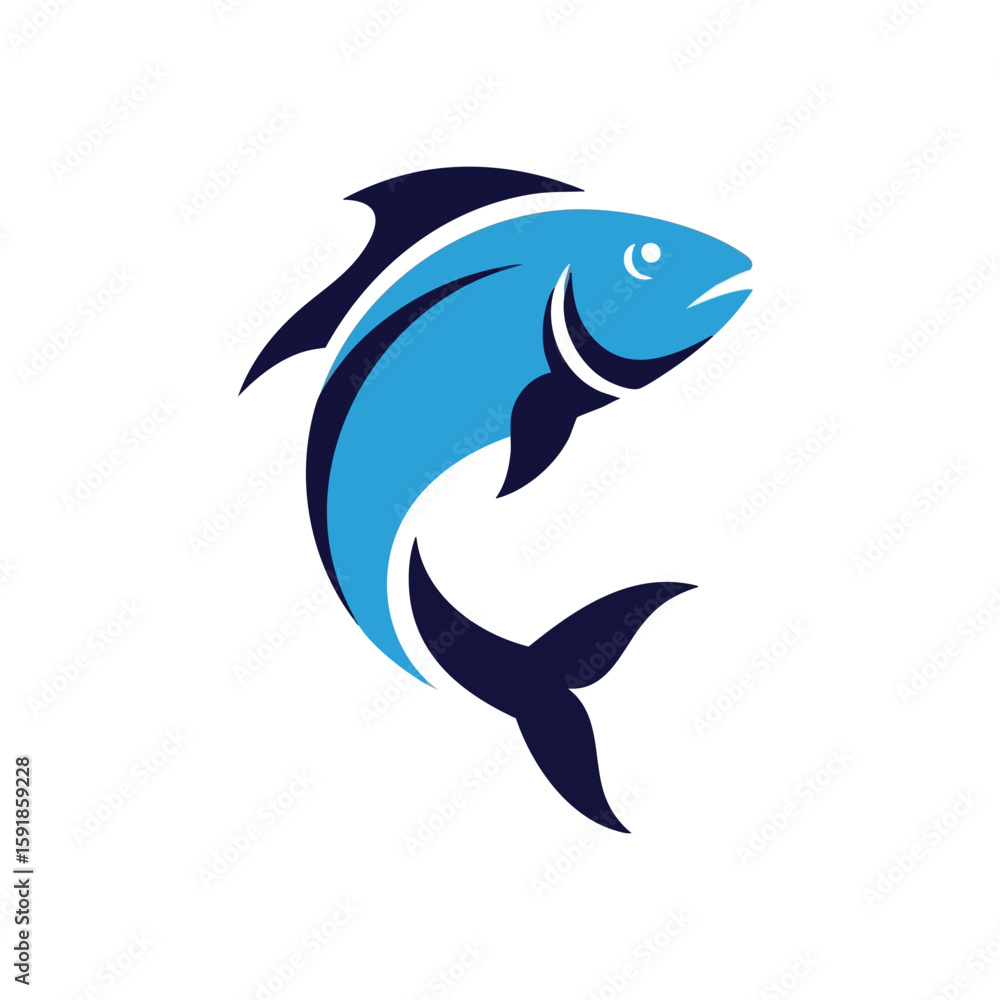 Fototapeta premium Blue Fish Logo Jumping Icon. Vivid depiction of a lively marine creature, symbolizing vitality and ocean ecosystems. Perfect for fishing, seafood, or aquatic nature themes.