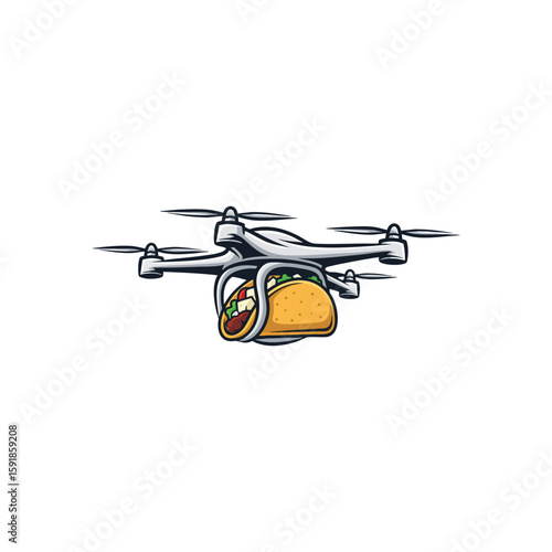 Taco Drone Delivery Concept. A futuristic aerial vehicle transports a savory Mexican meal. This graphic embodies rapid food service and cutting-edge technology.
