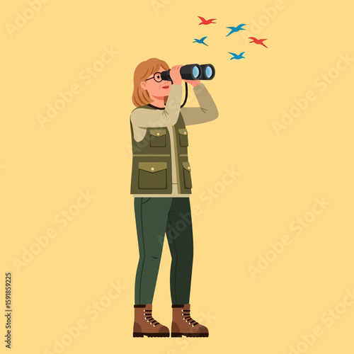 Enthusiastic Woman Watching Colorful Birds with Binoculars on Tan Background