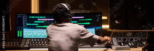 Photos Black man young adult sitting at mixing console operating audio equipment in pro