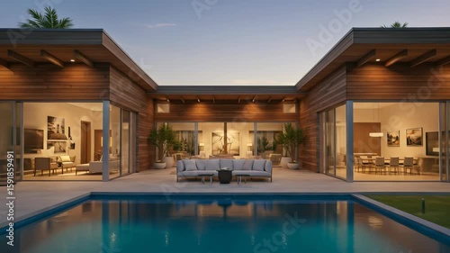 Wallpaper Mural Luxury Villa at Dusk: Modern wooden design reflects over the pool creating a tranquil outdoor oasis, with sophisticated interior views through sliding glass doors. Torontodigital.ca