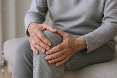 Elderly person holding knee pain injury joint aches health discomfort relief.