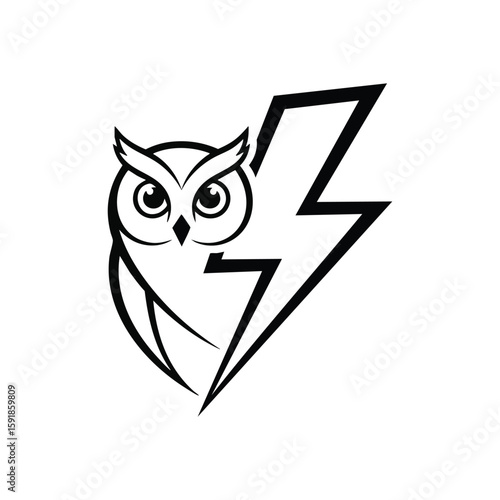 Smart Owl Lightning Icon. A striking monochrome illustration featuring a shrewd feathered creature paired with a powerful thunderous surge, symbolizing enlightened insight and dynamic vigor.