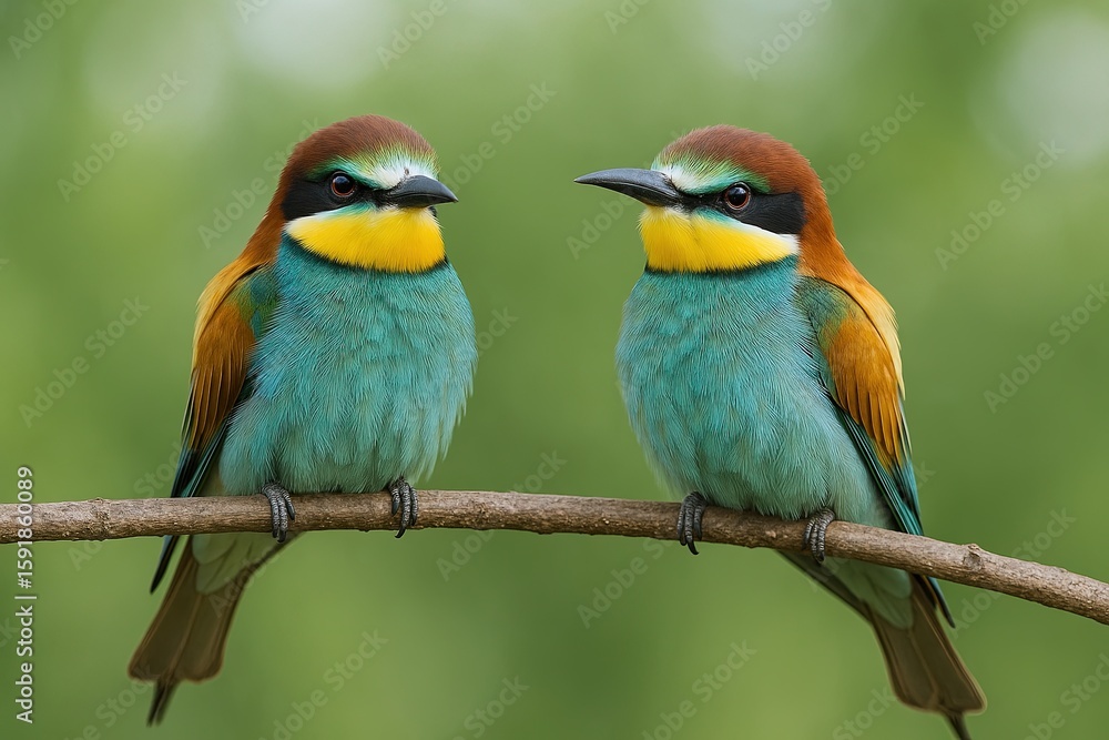 Fototapeta premium Two colorful birds perched on a slender branch with blurred green background.