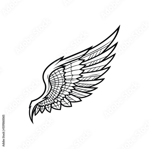 Elegant Stylized Feather Wing Graphic. This captivating monochrome emblem depicts a powerful flight appendage. It symbolizes freedom, aspiration, and divine protection.
