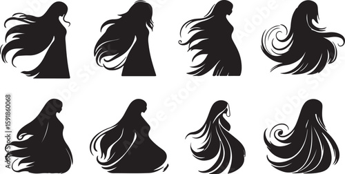 Silhouetted Woman with Long Flowing Hair in Various Poses and Styles
