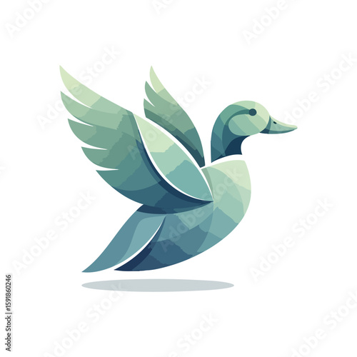 Abstract Geometric Flying Duck. This contemporary graphic features a graceful waterfowl in an artful polygon design, showcasing movement and natural beauty. Its vibrant hues evoke calm.
