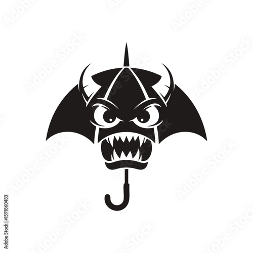 Demonic Umbrella Icon. This unsettling parasol graphic features a monstrous visage with sharp teeth and piercing eyes, symbolizing a fierce, protective, or rebellious spirit.