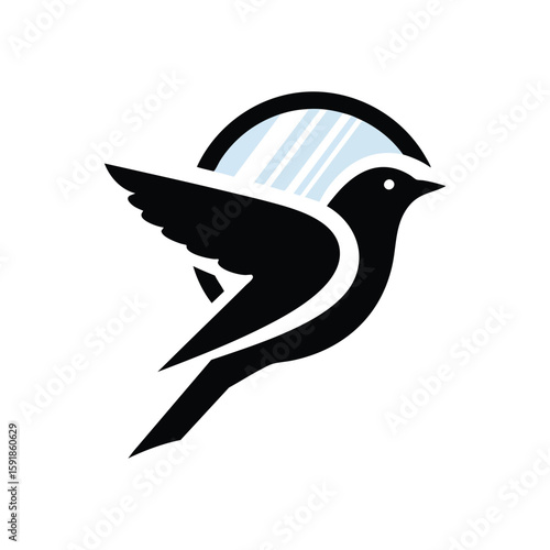 Minimalist Bird Mirror Logo. Elegant avian symbol soaring through a reflective circle. Captures freedom, clarity, and insightful vision.