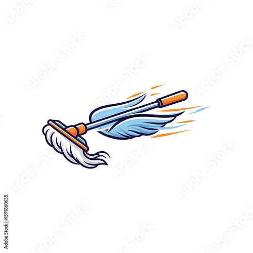 Quick Clean Winged Mop. An energetic cleaning tool with wings and motion lines, symbolizing speed, efficiency, and effortless tidiness. Ideal for branding clean services.