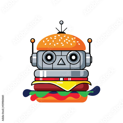 Whimsical Tech Burger Character. A delightful graphic showcasing a futuristic automaton fused with a hamburger. This charming icon embodies innovative gastronomy and digital culinary trends.