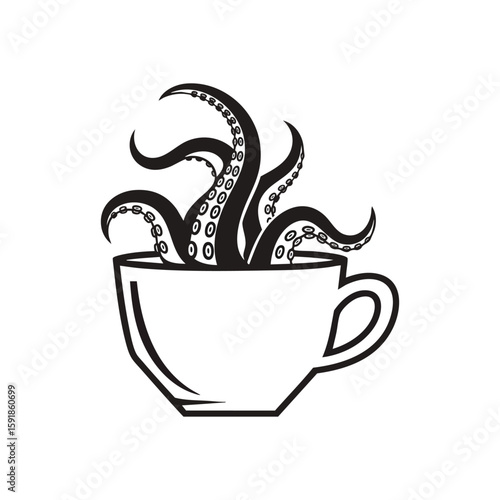 Kraken Tentacles from Coffee Mug. A captivating line illustration of mysterious cephalopod arms rising inside a cup. This artwork symbolizes unique, imaginative blends of reality and fantasy.