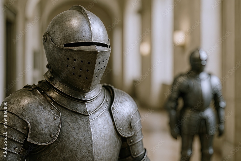 Medieval European Knight in Full Armor Standing in Grand Historical Palace Hall. Medieval European Knight in Full Armor Standing in Grand Historical Palace Hall.