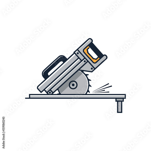 Miter Saw Cutting Timber Board. An illustrative depiction of a power tool in action, precisely slicing through a wooden plank, symbolizing craft and construction.