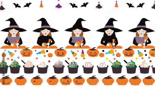 Illustration featuring witches carving pumpkins with cupcakes and bats for halloween party decor