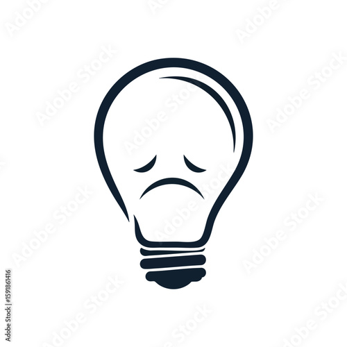 Sad Idea Icon. A black outline of a lamp with a downturned mouth, illustrating feelings of disappointment, mental fatigue, or the absence of new ideas.