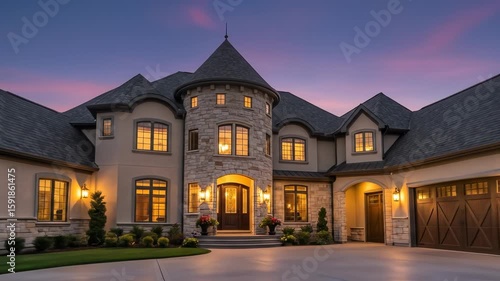 Elegant Home: Stone and stucco mansion featuring a turret and circular driveway during dusk with exterior illumination, displaying architectural refinement.