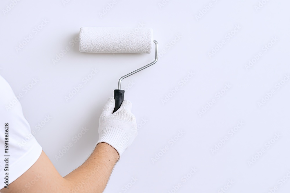 Obraz premium Hand holding paint roller with white textured surface and black handle on white wall.
