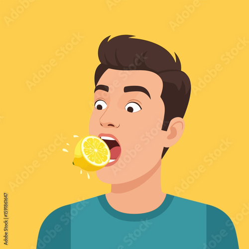 Man Eating Yellow Lemon with Sour Expression on Bright Yellow Background