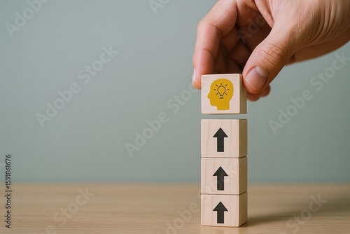 Hand stacking blocks with light bulb and arrow symbols representing ideas and growth.