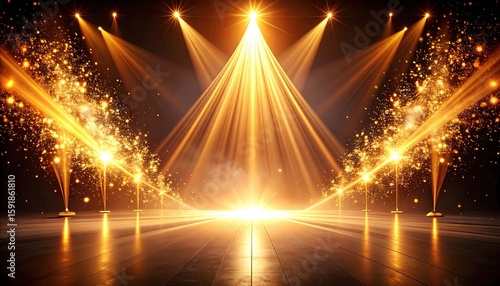 Golden stage illuminated by spotlights and fireworks