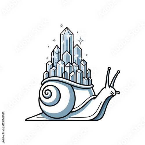 Sparkling Crystal Snail House. A charming illustration features a mollusk carrying a brilliant gem structure as its unique dwelling. This design represents inner beauty and a wondrous journey.