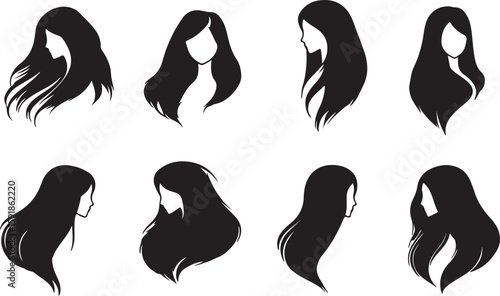 Collection of black hair silhouettes in various styles isolated on white background
