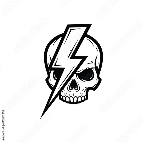 Skull Lightning Bolt Graphic. Bold monochrome vector art of a human cranium struck by electric current. Conveys raw power, rebellious spirit, and edgy danger.