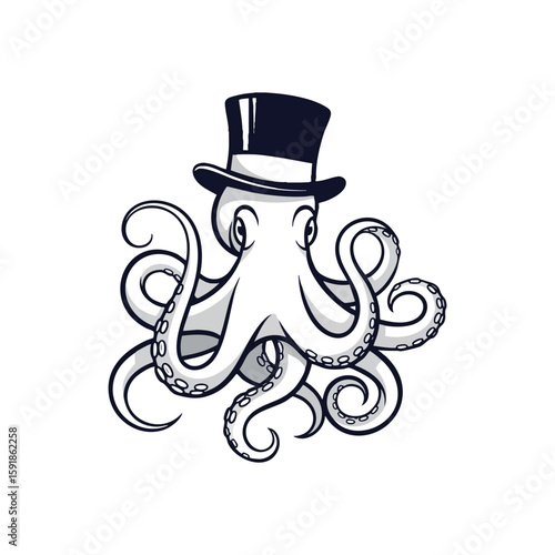 Dapper Octopus Wearing Top Hat. A sophisticated ocean dweller adorned with a refined fedora. This charming cephalopod illustration embodies intelligence and whimsy, perfect for unique branding.