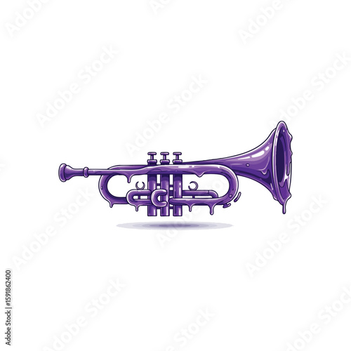 Purple Melting Trumpet Music Art. A vibrant digital depiction of a brass wind instrument in striking violet tones, showcasing a unique liquid effect. It conveys artistic fluidity and a modern.