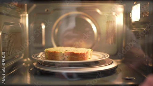 Food slices on a plate heat up inside a microwave